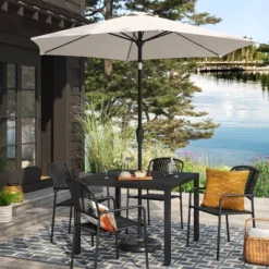 8' Round Solid Solar Outdoor Patio Market Umbrella With Black Pole - Threshold™