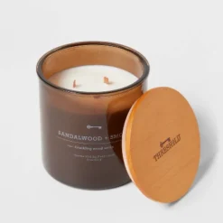 23oz XL 3-Wick Sandalwood + Smoke Wooden Amber Glass With Wood Lid And Stamped Logo Amber - Threshold™ -Threshold GUEST 1b54cfd4 2364 4122 af1d 12266c8a1791