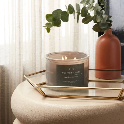 14oz Lidded Gray Glass Jar Crackling Wooden 3-Wick Candle With Paper Label Vetiver + Moss - Threshold™ 3 14oz Lidded Gray Glass Jar Crackling Wooden 3-Wick Candle With Paper Label Vetiver + Moss - Threshold™