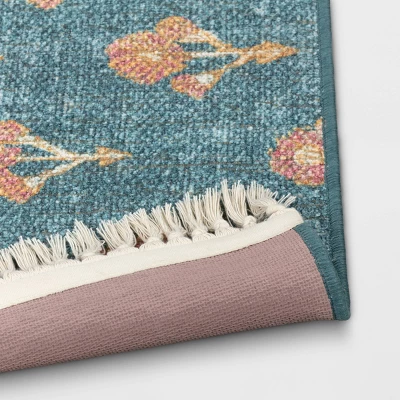 Washable Floral Block Printed Blue Rug Blue - Threshold™ 4 Washable Floral Block Printed Blue Rug Blue - Threshold™ - Image 2