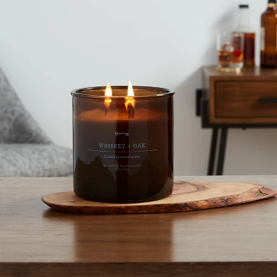 23oz XL 3-Wick Whiskey + Oak Wooden Amber Glass With Wood Lid And Stamped Logo Amber - Threshold™ 3 23oz XL 3-Wick Whiskey + Oak Wooden Amber Glass With Wood Lid And Stamped Logo Amber - Threshold™