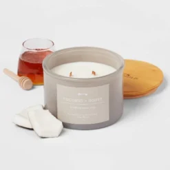 14oz Lidded Gray Glass Jar Crackling Wooden 3-Wick Candle With Paper Label Coconut And Honey - Threshold™ 5 14oz Lidded Gray Glass Jar Crackling Wooden 3-Wick Candle With Paper Label Coconut And Honey - Threshold™ -Threshold GUEST 49910140 50ed 4b49 9d77 e432059cd2cf