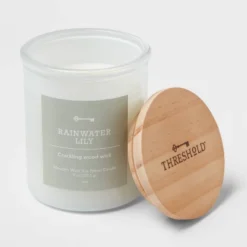 9oz Milky White Glass Woodwick Candle With Wood Lid And Stamped Logo Rainwater Lily - Threshold™ 5 9oz Milky White Glass Woodwick Candle With Wood Lid And Stamped Logo Rainwater Lily - Threshold™ -Threshold GUEST 4d79ad99 bd6e 4245 8b1a 472320536b1d