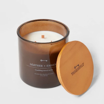 23oz XL 3-Wick Leather + Embers Wooden Amber Glass With Wood Lid And Stamped Logo Amber - Threshold™ 4 23oz XL 3-Wick Leather + Embers Wooden Amber Glass With Wood Lid And Stamped Logo Amber - Threshold™ - Image 2