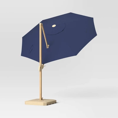 11'x11' Offset Solar Outdoor Market Umbrella Navy - Light Wood Pole - Threshold™ 4 11'x11' Offset Solar Outdoor Market Umbrella Navy - Light Wood Pole - Threshold™ - Image 2