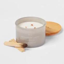 14oz Lidded Gray Glass Jar Crackling Wooden 3-Wick Candle With Clear Label Sandalwood + Smoke - Threshold™ 5 14oz Lidded Gray Glass Jar Crackling Wooden 3-Wick Candle With Clear Label Sandalwood + Smoke - Threshold™ -Threshold GUEST 6b020622 e9a4 4dc0 a633 51fad24085a8