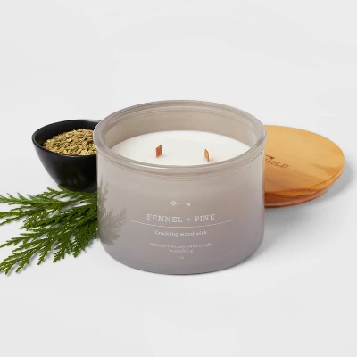 14oz Lidded Gray Glass Jar Crackling Wooden 3-Wick Candle With Clear Label Femmel + Pine - Threshold™ 3 14oz Lidded Gray Glass Jar Crackling Wooden 3-Wick Candle With Clear Label Femmel + Pine - Threshold™ - Image 2