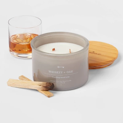14oz Lidded Gray Glass Jar Crackling Wooden 3-Wick Candle With Clear Label Whiskey + Oak - Threshold™ 4 14oz Lidded Gray Glass Jar Crackling Wooden 3-Wick Candle With Clear Label Whiskey + Oak - Threshold™ - Image 2