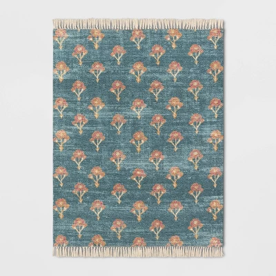 Washable Floral Block Printed Blue Rug Blue - Threshold™ 6 Washable Floral Block Printed Blue Rug Blue - Threshold™ - Image 4