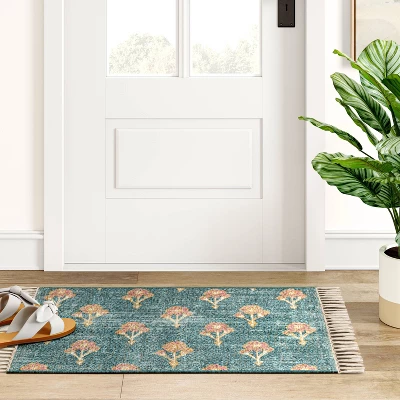 Washable Floral Block Printed Blue Rug Blue - Threshold™ 3 Washable Floral Block Printed Blue Rug Blue - Threshold™