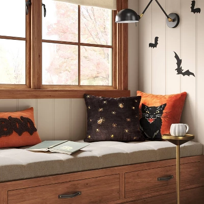 Fierce Cat Applique Cotton Velvet Square Halloween Throw Pillow - Threshold™ 3 Fierce Cat Applique Cotton Velvet Square Halloween Throw Pillow - Threshold™