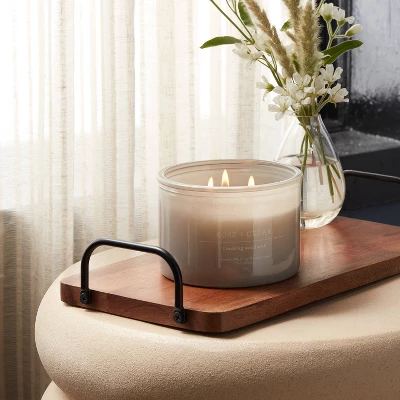 14oz Lidded Gray Glass Jar Crackling Wooden 3-Wick Candle With Clear Label Rose + Cedar - Threshold™ 3 14oz Lidded Gray Glass Jar Crackling Wooden 3-Wick Candle With Clear Label Rose + Cedar - Threshold™