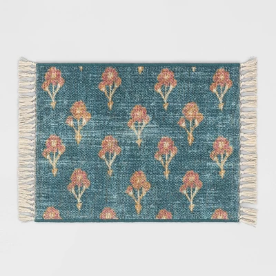 Washable Floral Block Printed Blue Rug Blue - Threshold™ 5 Washable Floral Block Printed Blue Rug Blue - Threshold™ - Image 3